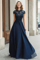 Retro Navy Chiffon A-Line Round Neck Cap Sleeve Lace Long Elegant Wedding Guest Dress For Women New Style Mother of the Bride Dress