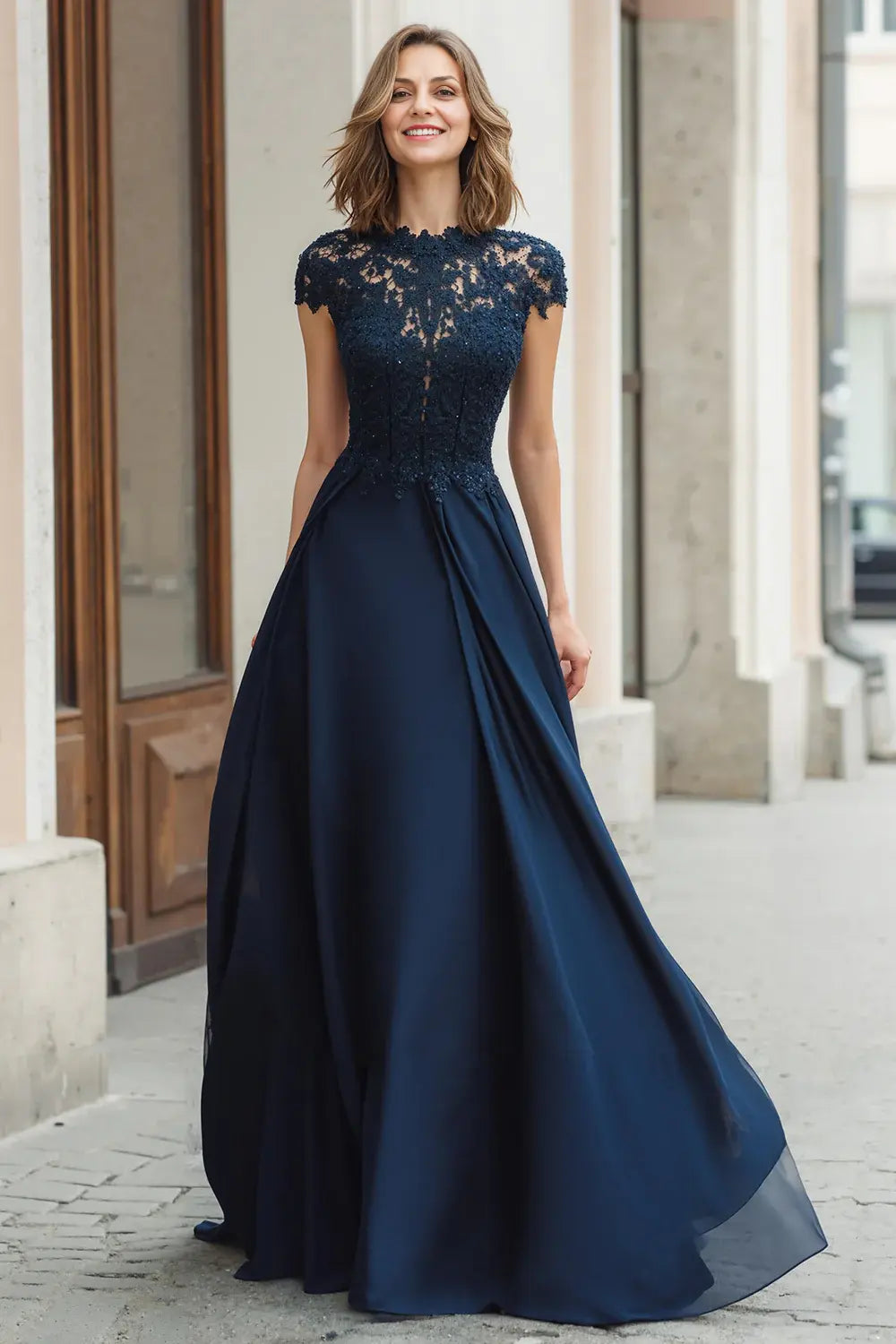 Retro Navy Chiffon A-Line Round Neck Cap Sleeve Lace Long Elegant Wedding Guest Dress For Women New Style Mother of the Bride Dress