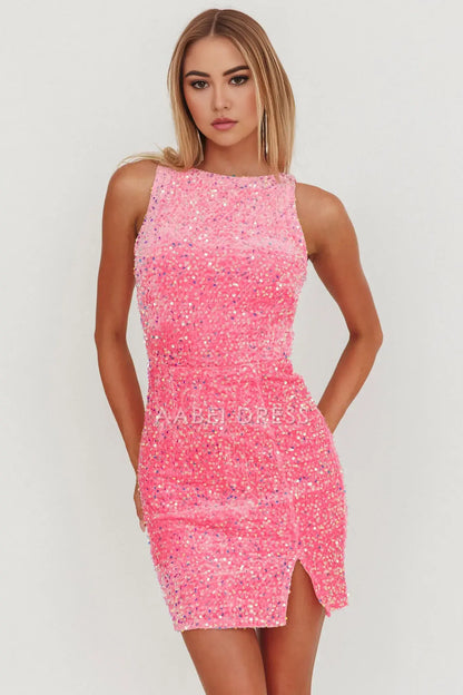 Sheath/Column Round Neck Sleeveless Slit Opened Back Fashion Hot Pink Sequin Mini Dress Hot Sale Homecoming Dress