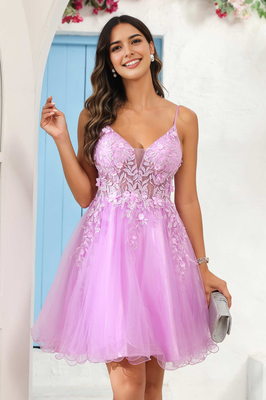 AABEI DRESS Short Dress Exquisite A Line V Neck See-Through Applique Tulle Backless New Homecoming Dress