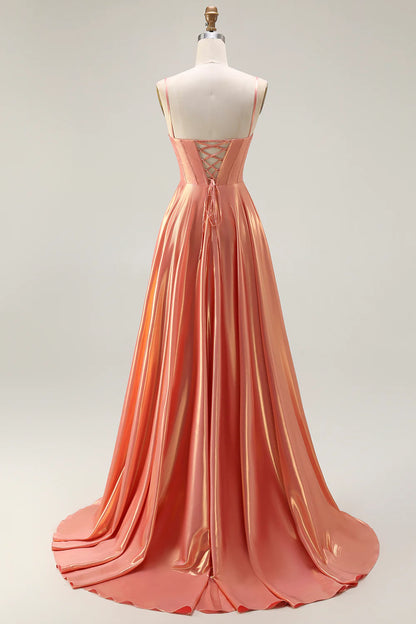 Artistic Prom Dress Sparkly Orange Metallic A Line Spaghetti Straps Deep V Neck Rhinestone Sleeveless Ruched Backless Bargain Long Wedding Guest Dress