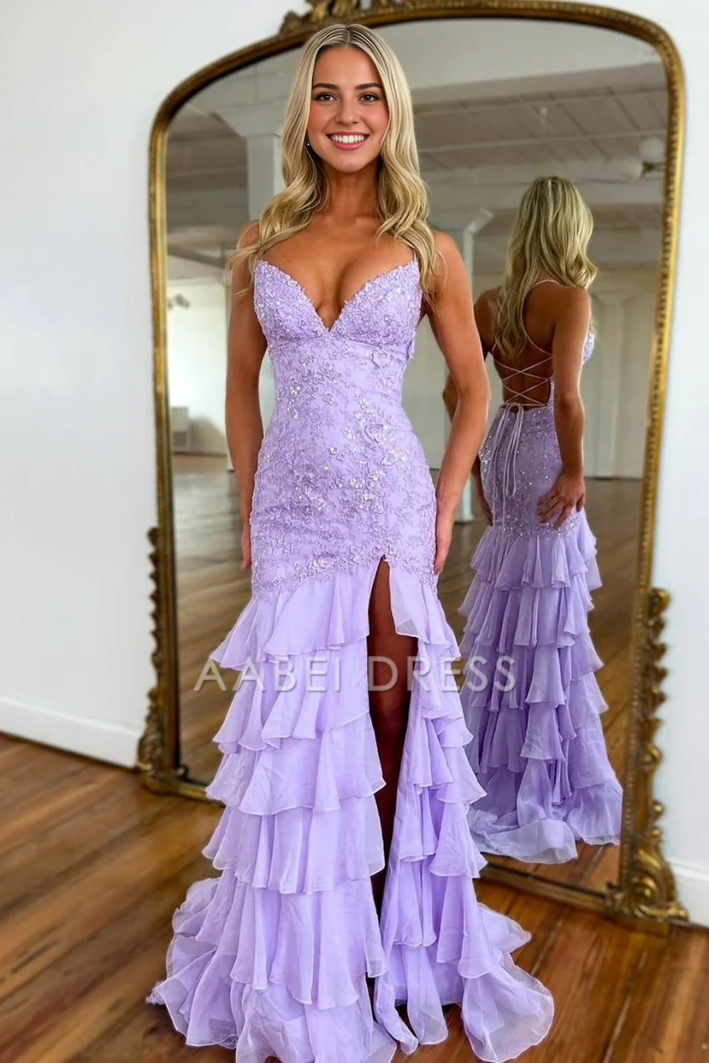 AABEI DRESS Hot Sale Prom Dress Stunning Mermaid Spaghetti Straps Lace Backless with Ruffle Side Fork Fashion Formal Dress
