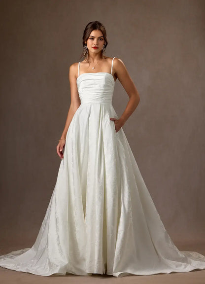 Gorgeous White A-Line Detachable Spaghetti Strap Sleeveless Floral Jacquard High Slit Backless Exquisite Hot Sale Wedding Dress