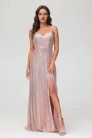 Evening Dress Sweetheart Spaghetti Straps Sequins Sheath Backless Long Dress Side Fork Floor-Length Charming Formal Women's Dresses Wedding Guest Dresses