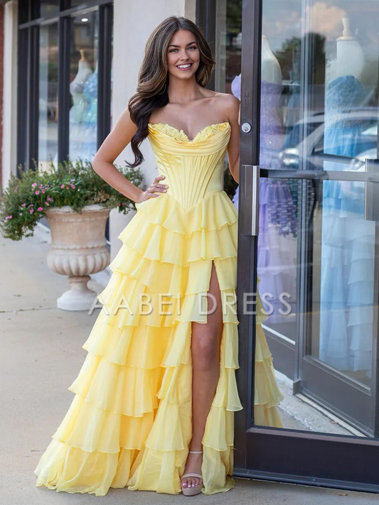 AABEI DRESS Prom Dress Cute Sweetheart A-Line Ruffle Chiffon Tiered Long With Split Exquisite Formal Dress