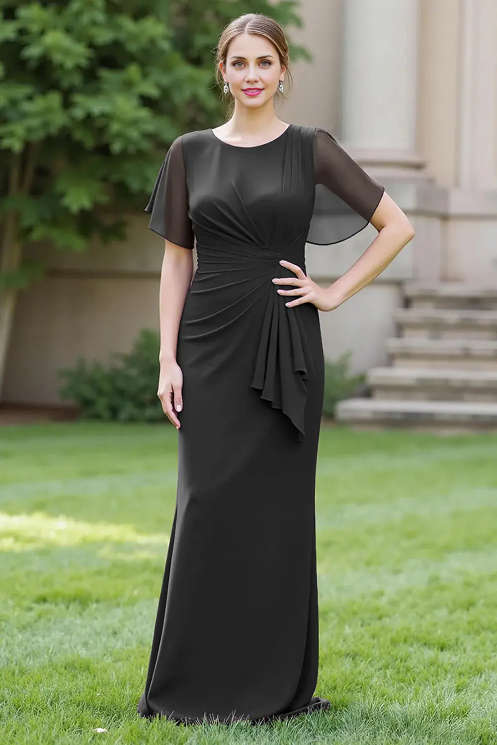 Wedding Guest Dress Black Sheath Round Neck Flutter Short Sleeves Ruched Elegant Hot Sale Long Mother of the Bride Dress