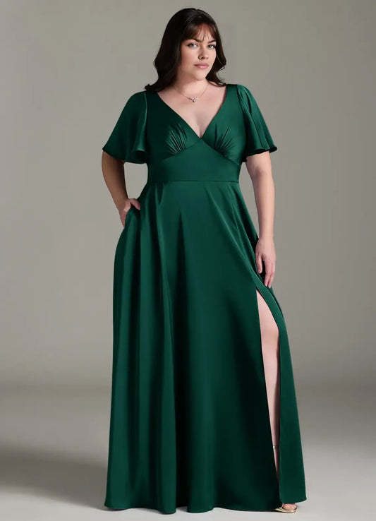 Wedding Guests Dresses Vintage Emerald A-Line V Neck Flutter Short Sleeves Ruched Side Fork Bow Back Elegant Plus Size Formal Dress Discount Hot Sale Prom Dress