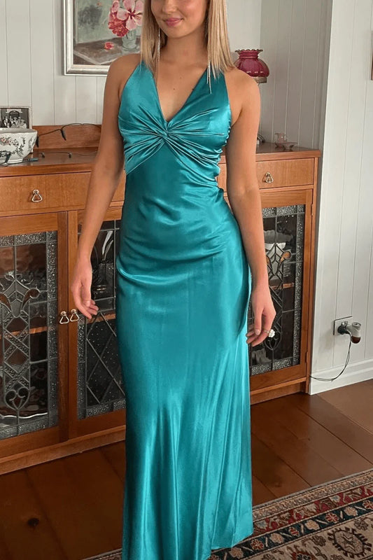 Turquoise Satin Sheath Halter V-Neck Pleated Sleeveless Backless Elegant Wedding Guest Dress Long Hot Sale Prom Dresses