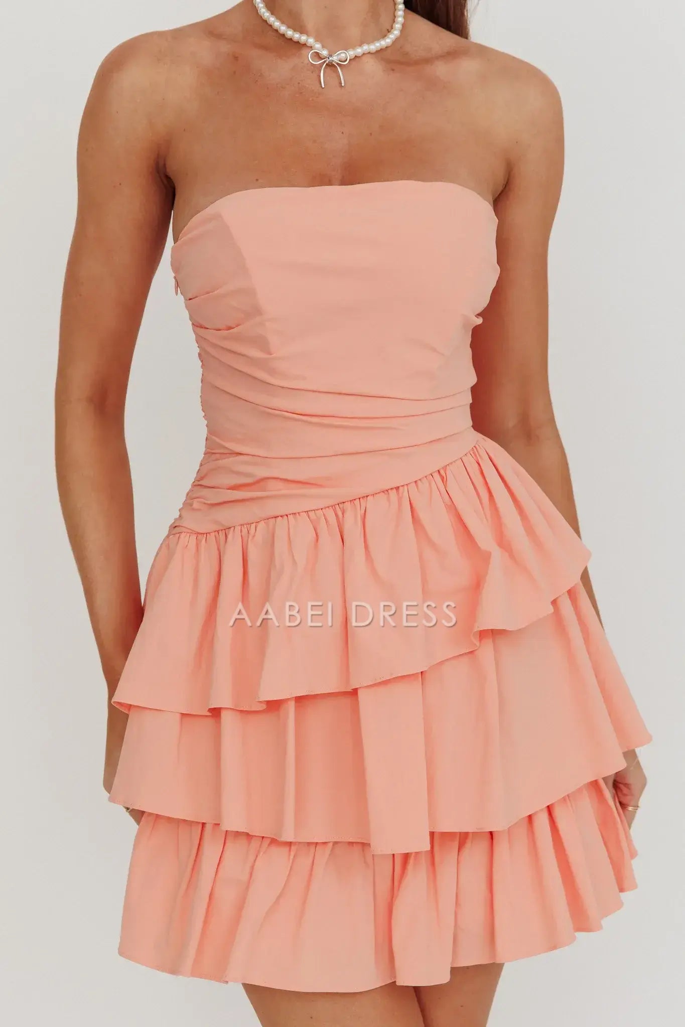 A Line Strapless Sleeveless Layered Ruched Backless Fashion Blush Mini Dress Hot Sale Homecoming Dress