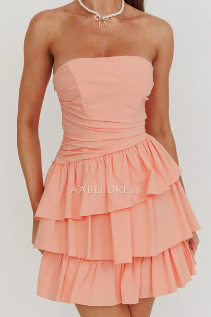 A Line Strapless Sleeveless Layered Ruched Backless Fashion Blush Mini Dress Hot Sale Homecoming Dress