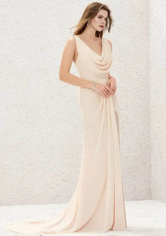 Chic Chiffon A-line Cowl Neck Sleeveless Pleated Backless With Split Affordable Sweep Train Bridesmaid Dress