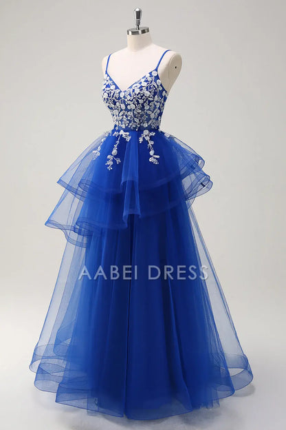 AABEI DRESS Hot Sale Prom Dress Gorgeous A-Line V Neck Spaghetti Strap Tiered Long Sequins Appliqued Long Party Dress