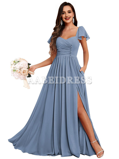 Prom Dress Short Sleeve Bridesmaid Dresses Side Fork Chiffon Ruched Long Evening Gown Wedding Guest Dresses Formal Wear Dresses