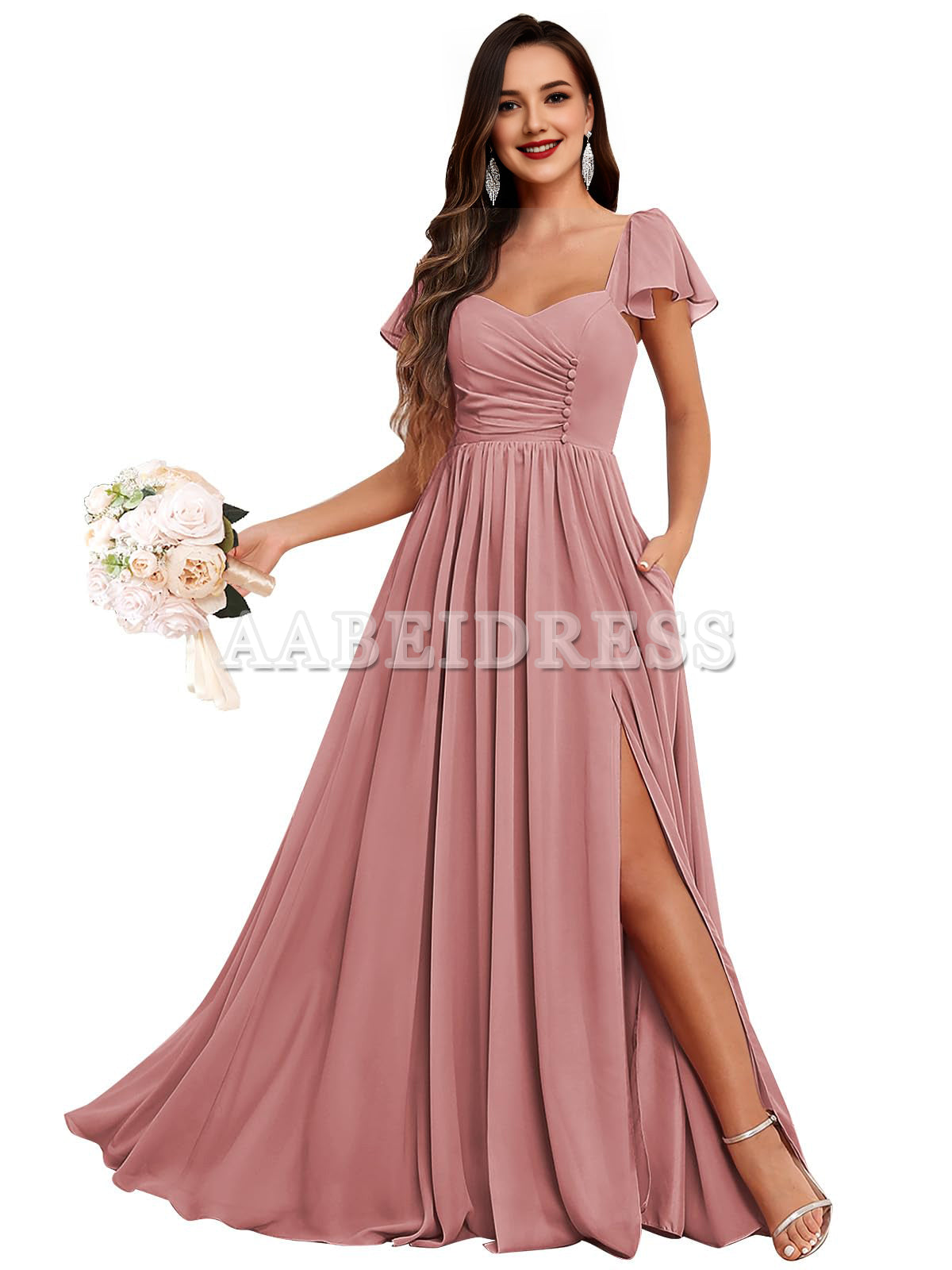 Prom Dress Short Sleeve Bridesmaid Dresses Side Fork Chiffon Ruched Long Evening Gown Wedding Guest Dresses Formal Wear Dresses