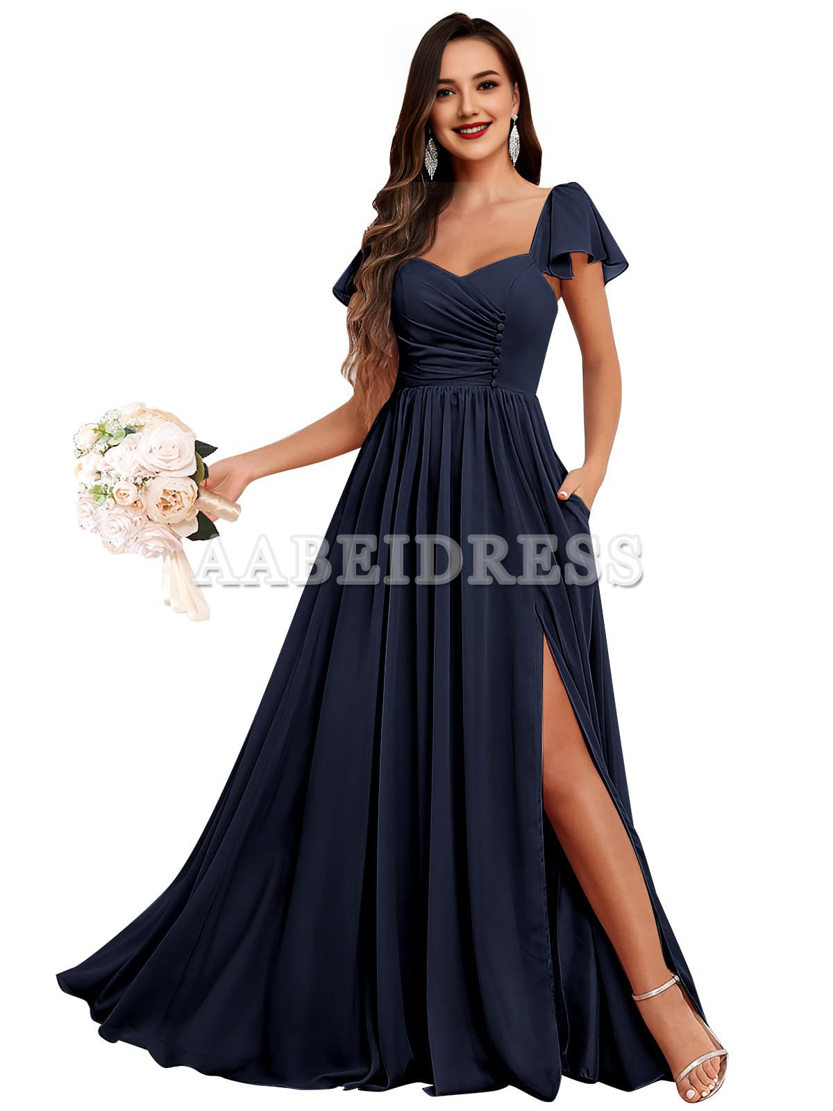 Prom Dress Short Sleeve Bridesmaid Dresses Side Fork Chiffon Ruched Long Evening Gown Wedding Guest Dresses Formal Wear Dresses