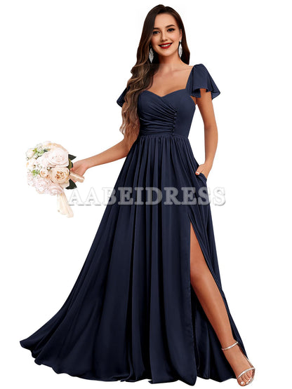 Prom Dress Short Sleeve Bridesmaid Dresses Side Fork Chiffon Ruched Long Evening Gown Wedding Guest Dresses Formal Wear Dresses
