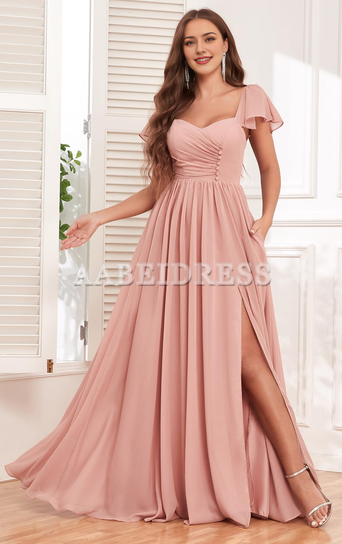 Prom Dress Short Sleeve Bridesmaid Dresses Side Fork Chiffon Ruched Long Evening Gown Wedding Guest Dresses Formal Wear Dresses