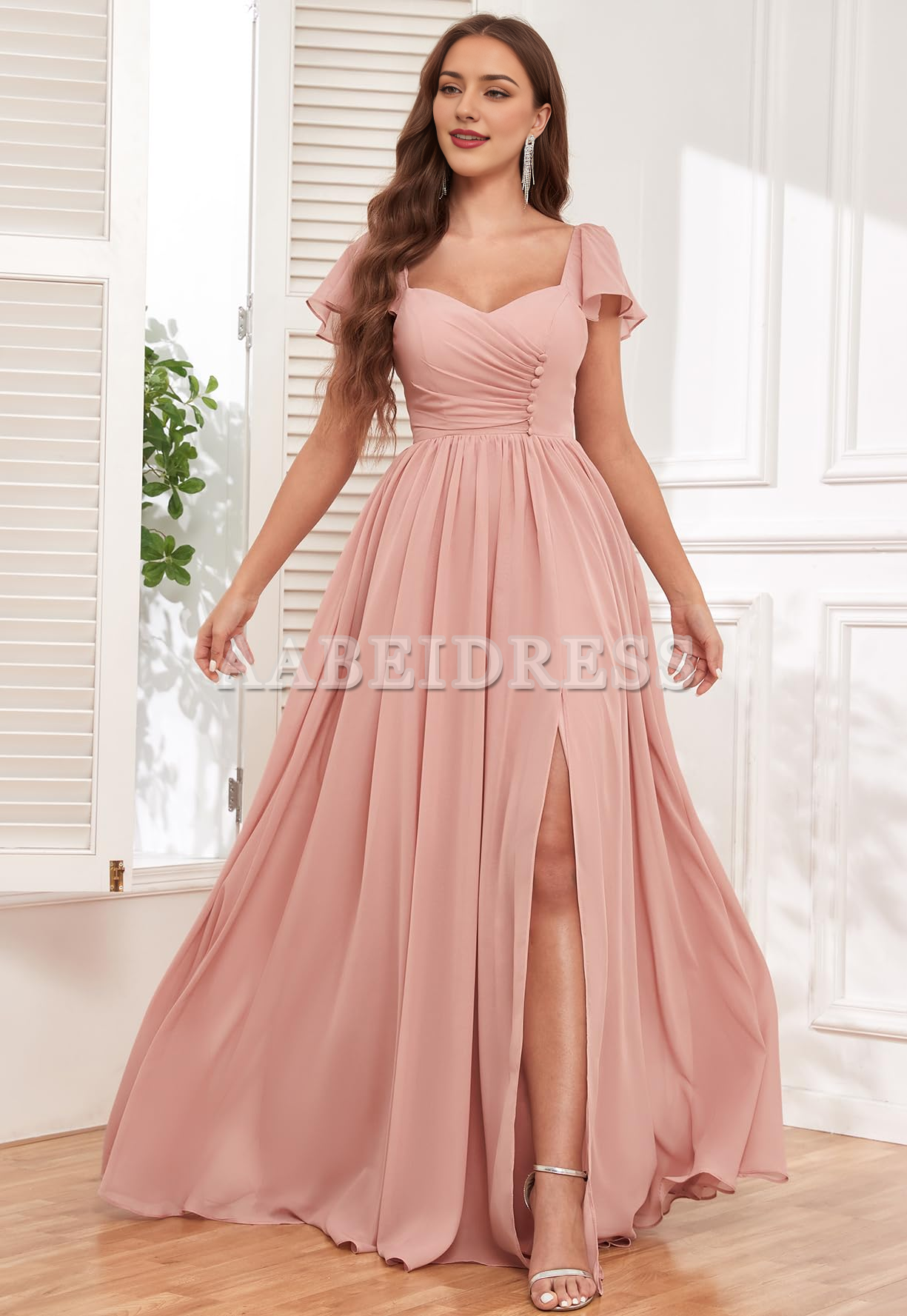 Prom Dress Short Sleeve Bridesmaid Dresses Side Fork Chiffon Ruched Long Evening Gown Wedding Guest Dresses Formal Wear Dresses