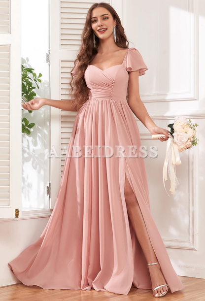Prom Dress Short Sleeve Bridesmaid Dresses Side Fork Chiffon Ruched Long Evening Gown Wedding Guest Dresses Formal Wear Dresses