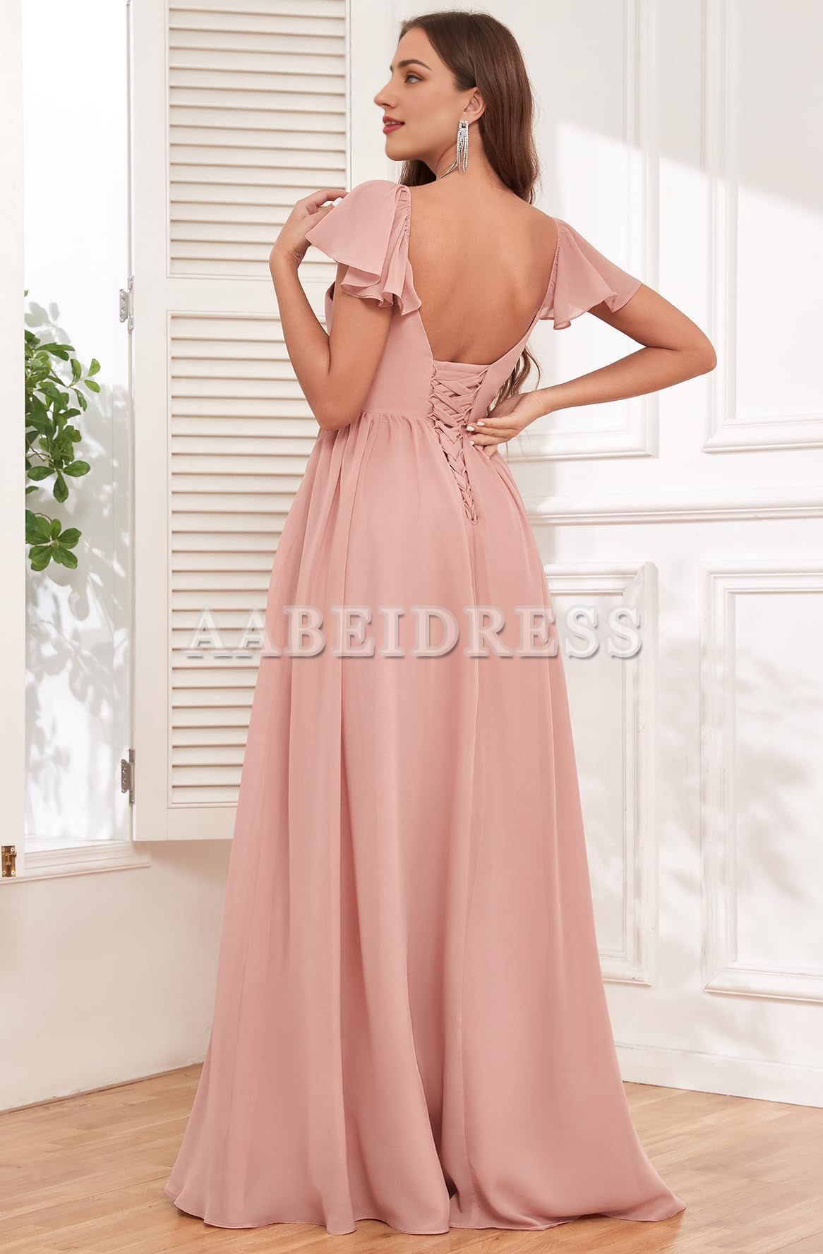 Prom Dress Short Sleeve Bridesmaid Dresses Side Fork Chiffon Ruched Long Evening Gown Wedding Guest Dresses Formal Wear Dresses