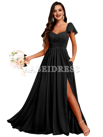 Prom Dress Short Sleeve Bridesmaid Dresses Side Fork Chiffon Ruched Long Evening Gown Wedding Guest Dresses Formal Wear Dresses