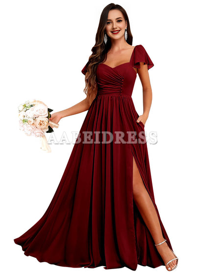 Prom Dress Short Sleeve Bridesmaid Dresses Side Fork Chiffon Ruched Long Evening Gown Wedding Guest Dresses Formal Wear Dresses