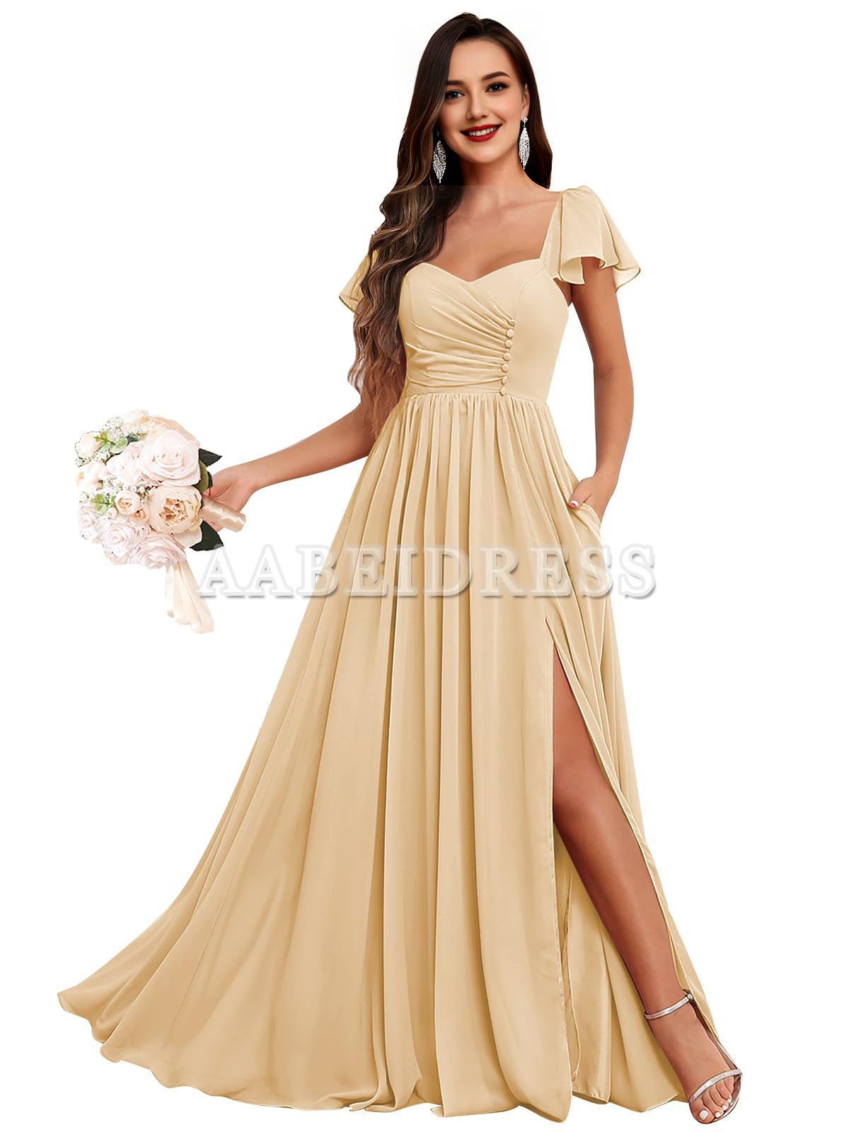 Prom Dress Short Sleeve Bridesmaid Dresses Side Fork Chiffon Ruched Long Evening Gown Wedding Guest Dresses Formal Wear Dresses