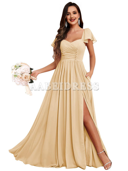 Prom Dress Short Sleeve Bridesmaid Dresses Side Fork Chiffon Ruched Long Evening Gown Wedding Guest Dresses Formal Wear Dresses