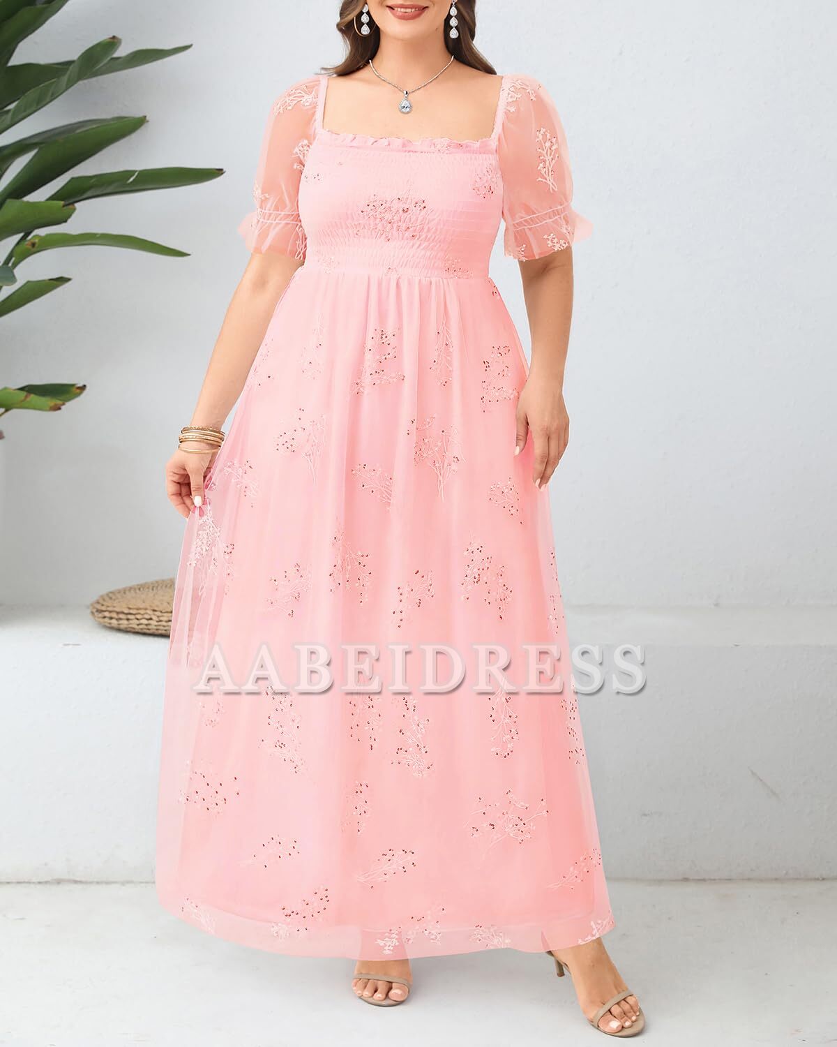 Prom Dress Plus Size Sequin Tulle Bridesmaid Square Neck Long Dress Romantic Wedding Guest Dresses Formal Wear Dresses