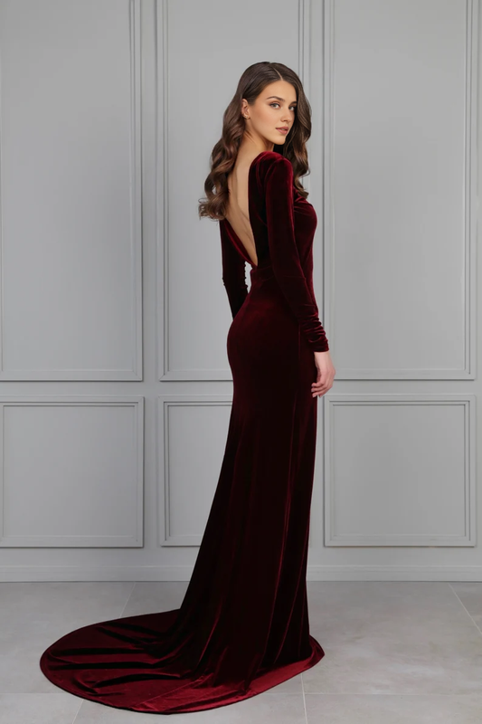 Evening Dress Velvet Dress Open Back Train Dress Long Sleeve Formal Dresses Wedding Guest Dress