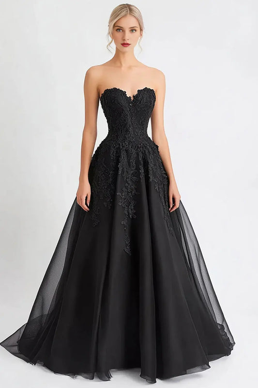 Exquisite Black Tulle A Line Strapless Sweetheart Neckline Lace Applique Long Formal Dress Hot Sale Evening Dresses