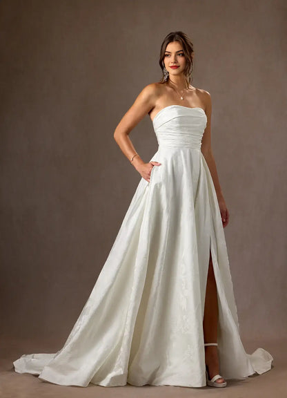 Gorgeous White A-Line Detachable Spaghetti Strap Sleeveless Floral Jacquard High Slit Backless Exquisite Hot Sale Wedding Dress