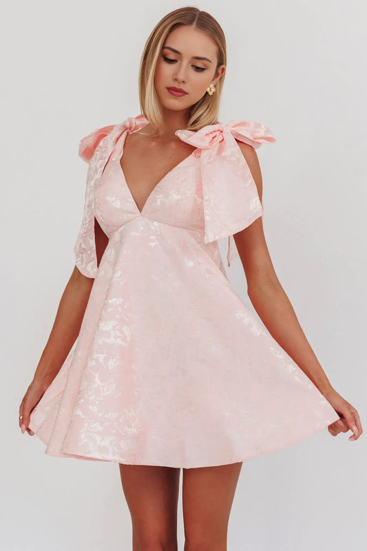 Sweet A Line V Neck Tied Shoulder Sleeveless Jacquard Blush Backless Cute Mini Dress Hot Sale Homecoming Dress