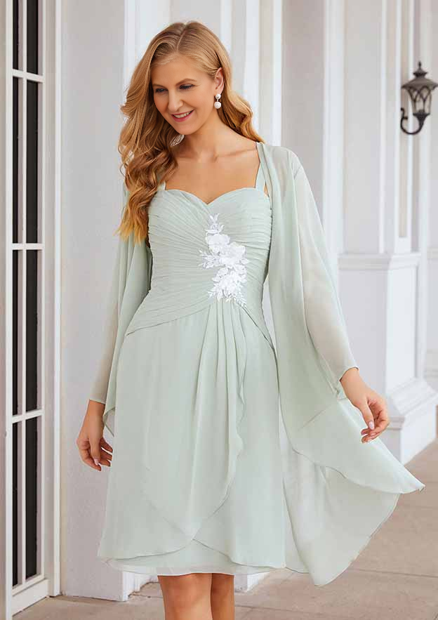 Exquisite Wedding Guest Dresses Mint Green Chiffon A-line Sweetheart Neckline Sleeveless Pleated With Three-Dimensional Flowers Long Sleeves Jacket Two-Piece Knee-Length Bargain Mother of the Bride Dress