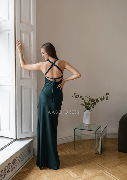 AABEI DRESS Party Dress A-line Mermaid Backless Off Shoulder Spaghetti Straps Sleeveless Side Fork Simple Prom Dress