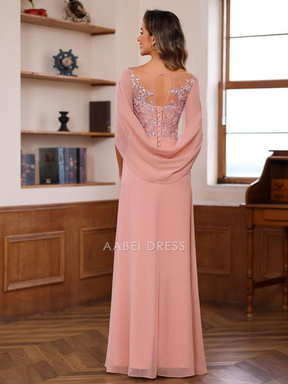 AABEI DRESS High Quality Mother of The Bride Dress Lace Long Women Pleated Sequin Cape Scoop Illusion Chiffon Dresses Formal Dresses