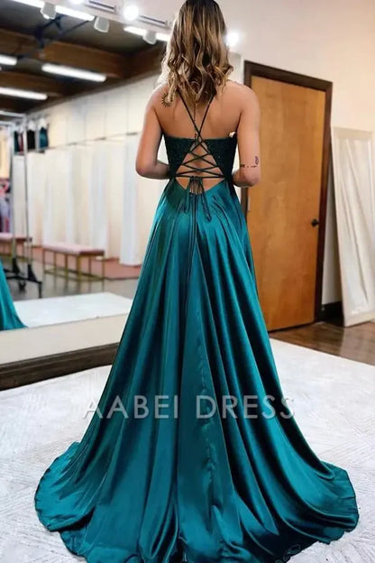 AABEI DRESS High Quality Evening Dress Satin A-line V-neck Spaghetti Straps Prom Dresses With Slit Elegant Party Dress