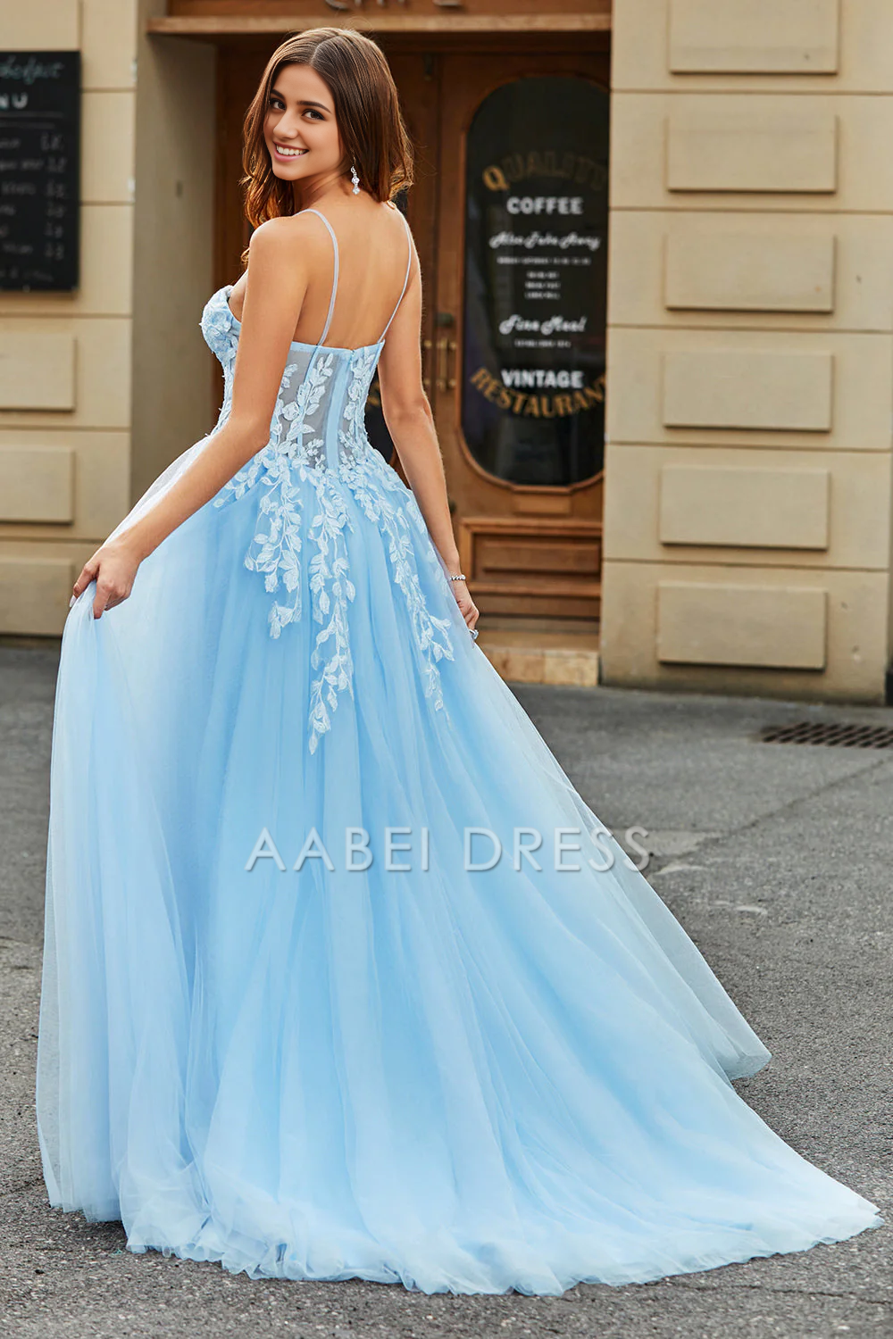 AABEI DRESS Hot Sale Prom Dress Tulle A-Line Spaghetti Straps Corset With Appliques Side Fork  Long Romantic Formal Dress