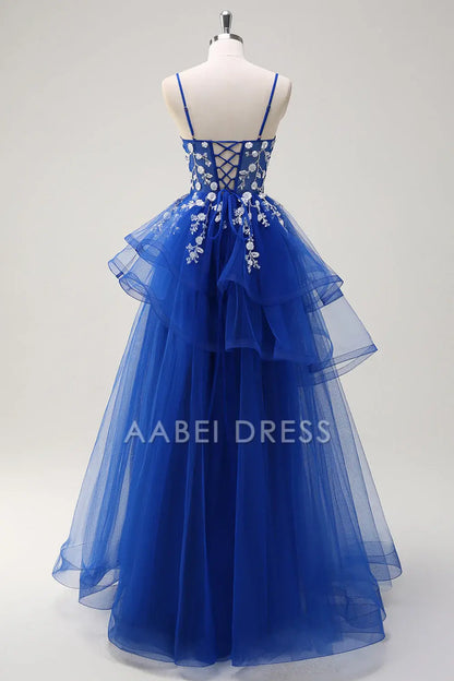 AABEI DRESS Hot Sale Prom Dress Gorgeous A-Line V Neck Spaghetti Strap Tiered Long Sequins Appliqued Long Party Dress