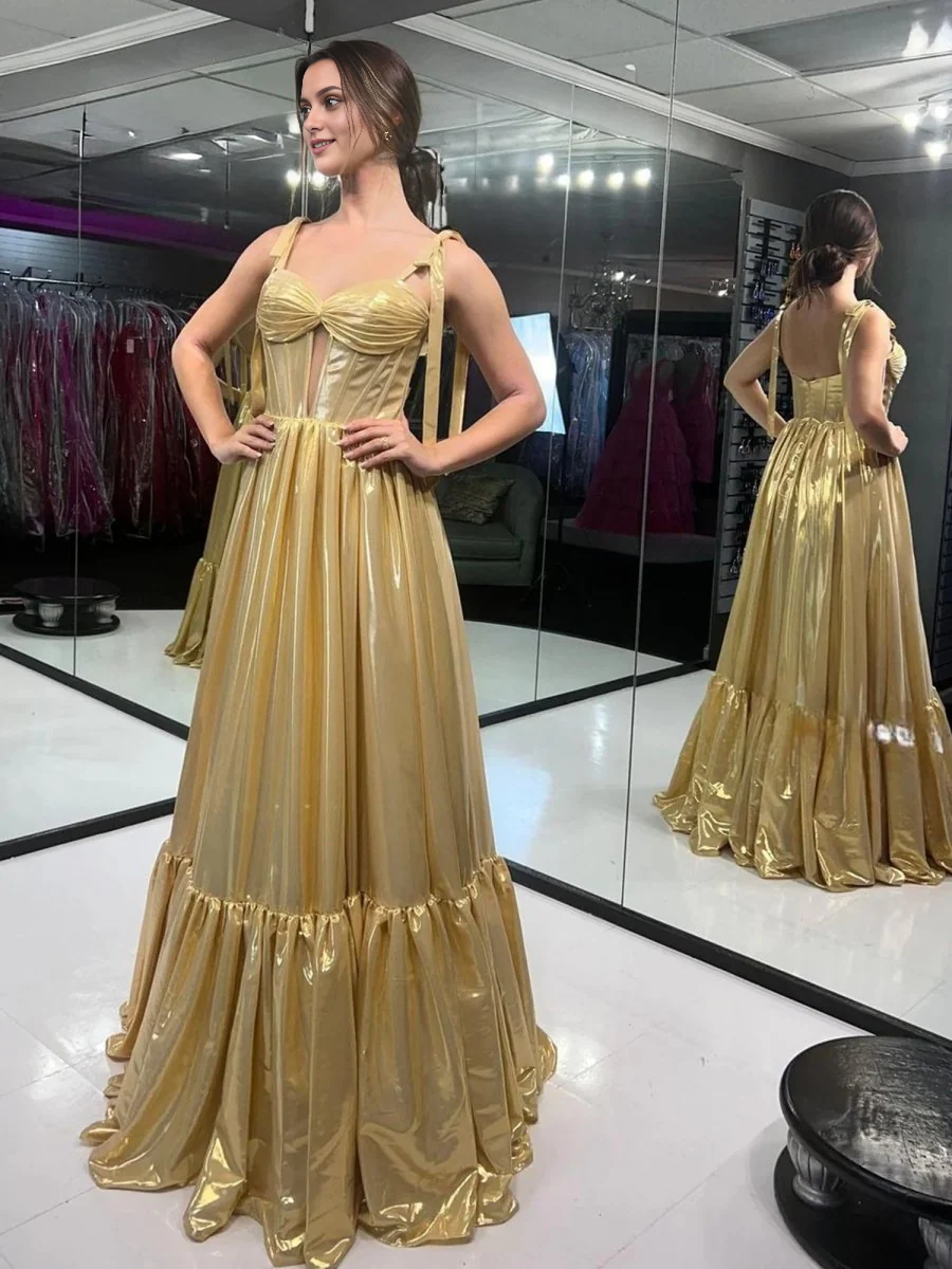 Gold Metallic A-line Sweetheart Neckline Keyhole Bow Straps Sleeveless Tiers Ruched Fashion Wedding Guest Dress Long Hot Sale Prom Dresses