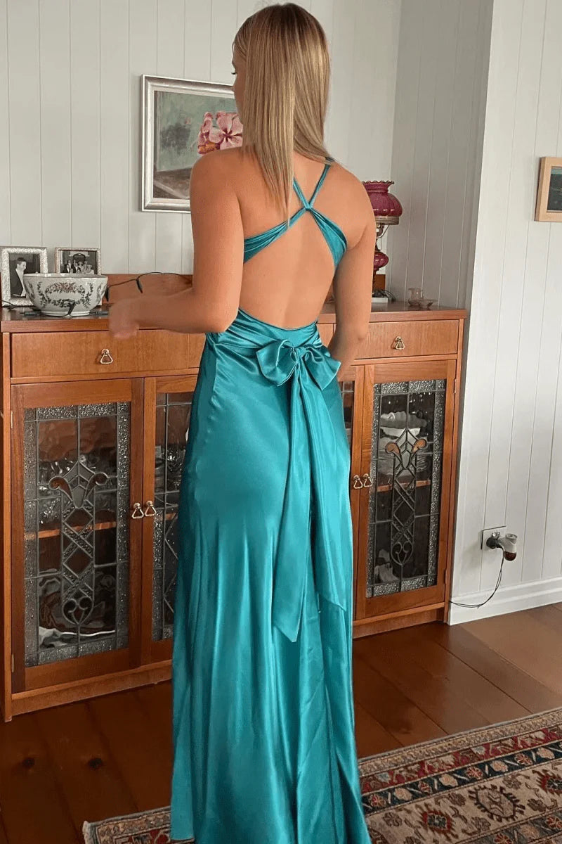 Turquoise Satin Sheath Halter V-Neck Pleated Sleeveless Backless Elegant Wedding Guest Dress Long Hot Sale Prom Dresses