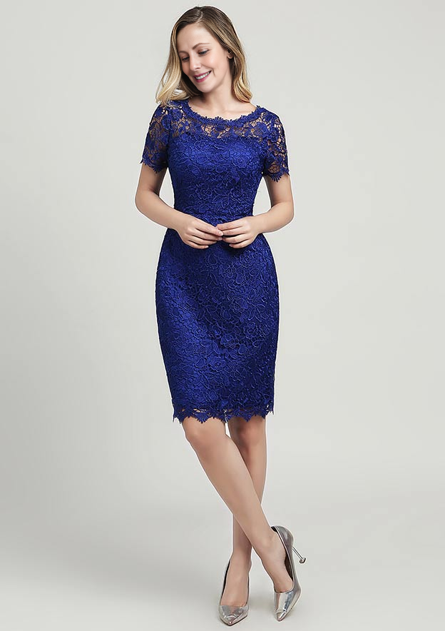 Elegant Wedding Guest Dresses Royal Blue Lace Sheath/Column Scoop Neck Short Sleeve With Side Draping Waistband Beading Bowknot Knee-Length Bargain Mother of the Bride Dress