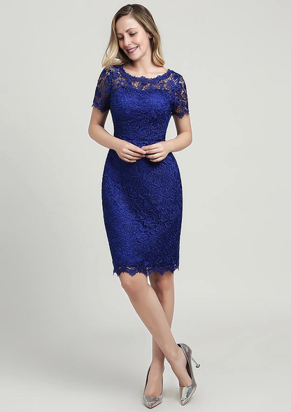 Elegant Wedding Guest Dresses Royal Blue Lace Sheath/Column Scoop Neck Short Sleeve With Side Draping Waistband Beading Bowknot Knee-Length Bargain Mother of the Bride Dress