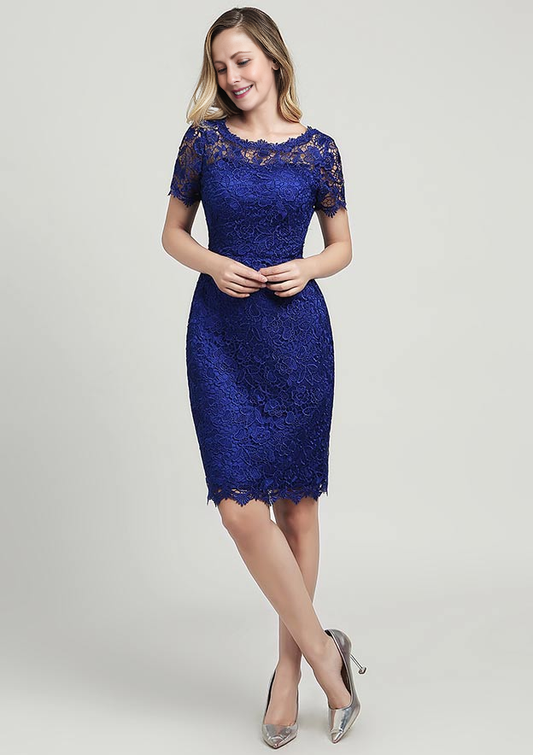 Royal Blue Lace Sheath/column Boat Neck Back Zip Knee-Length Dress