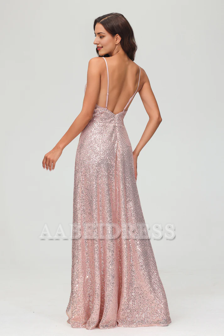 Evening Dress Sweetheart Spaghetti Straps Sequins Sheath Backless Long Dress Side Fork Floor-Length Charming Formal Women's Dresses Wedding Guest Dresses