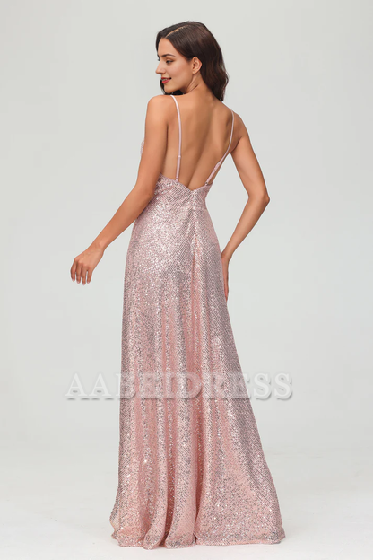 Evening Dress Sweetheart Spaghetti Straps Sequins Sheath Backless Long Dress Side Fork Floor-Length Charming Formal Women's Dresses Wedding Guest Dresses