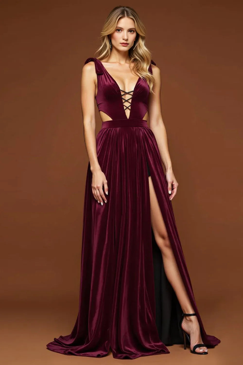 Purple Velvet Party Dress A Line Deep V-Neck Sleeveless Hollow-Out Backless with Slit Ruched Hem Charming Long Hot Sale Prom Dresses