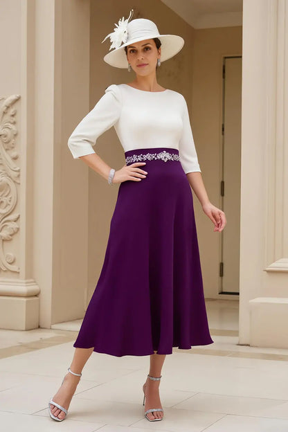 Black White Chiffon A Line Boat Neck 3/4 Long Sleeve Waist Bead String Exquisite Midi Wedding Guest Dress Hot Sale Mother of the Bride Dresses