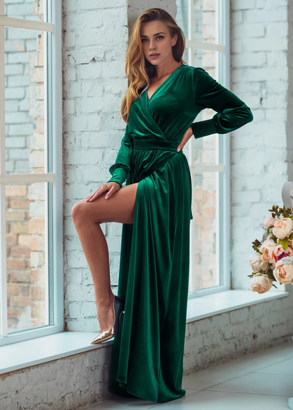 Evening Dress Velvet Dress V Neck Wrap Dress Long Seeves Longuette Formal Dresses Wedding Guest Dress