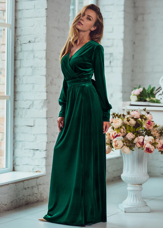 Evening Dress Velvet Dress V Neck Wrap Dress Long Seeves Longuette Formal Dresses Wedding Guest Dress